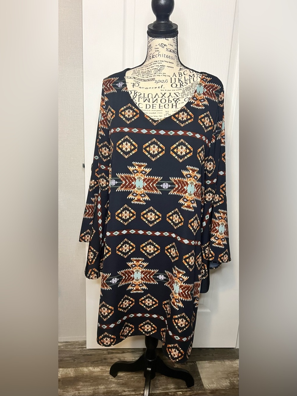 Peach Love California Black Aztec Print Midi Dress